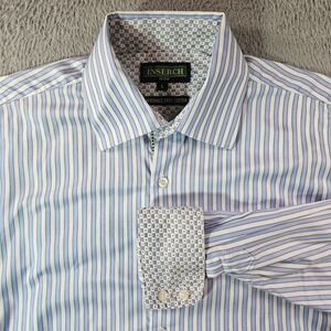 Inserch Dress Shirt Men Large Flip Cuff Button Up Long Sleeve White Blue Striped